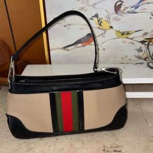 Stylish tan and Black Handbag with Red and Green Stripe